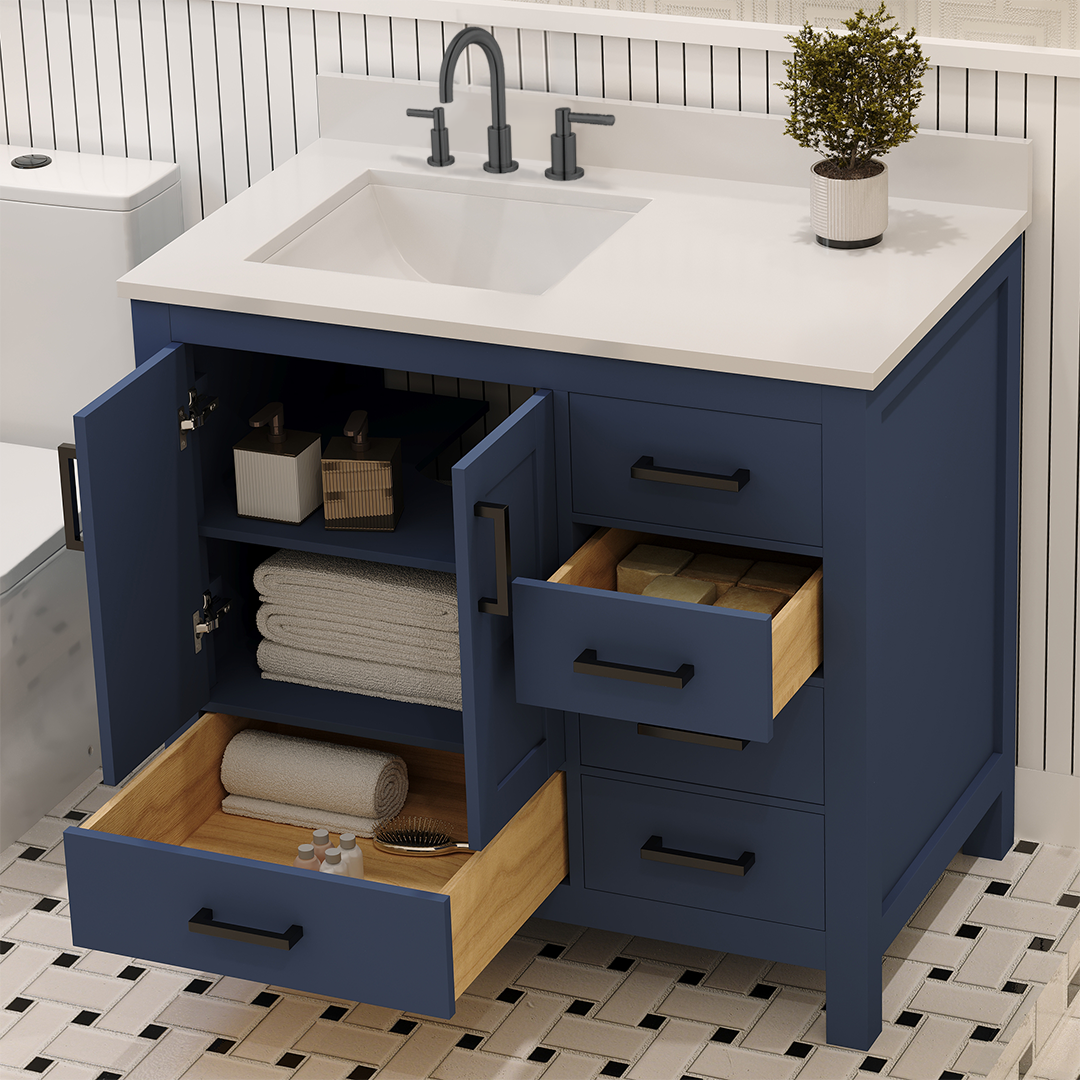 Rooh 36 Inch Left Solid Wood Single Bathroom Vanity with Undermount single Rectangle sink & White Quartz countertop 0.75 inch edge in white