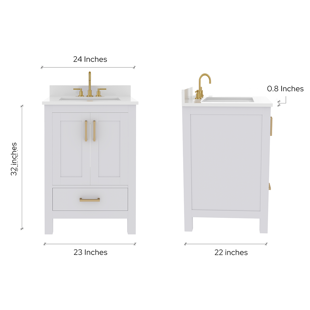 Rooh 24 Inch Solid Wood Bathroom Vanity with Undermount single Rectangle sink & White Quartz countertop 0.75 inch edge in white