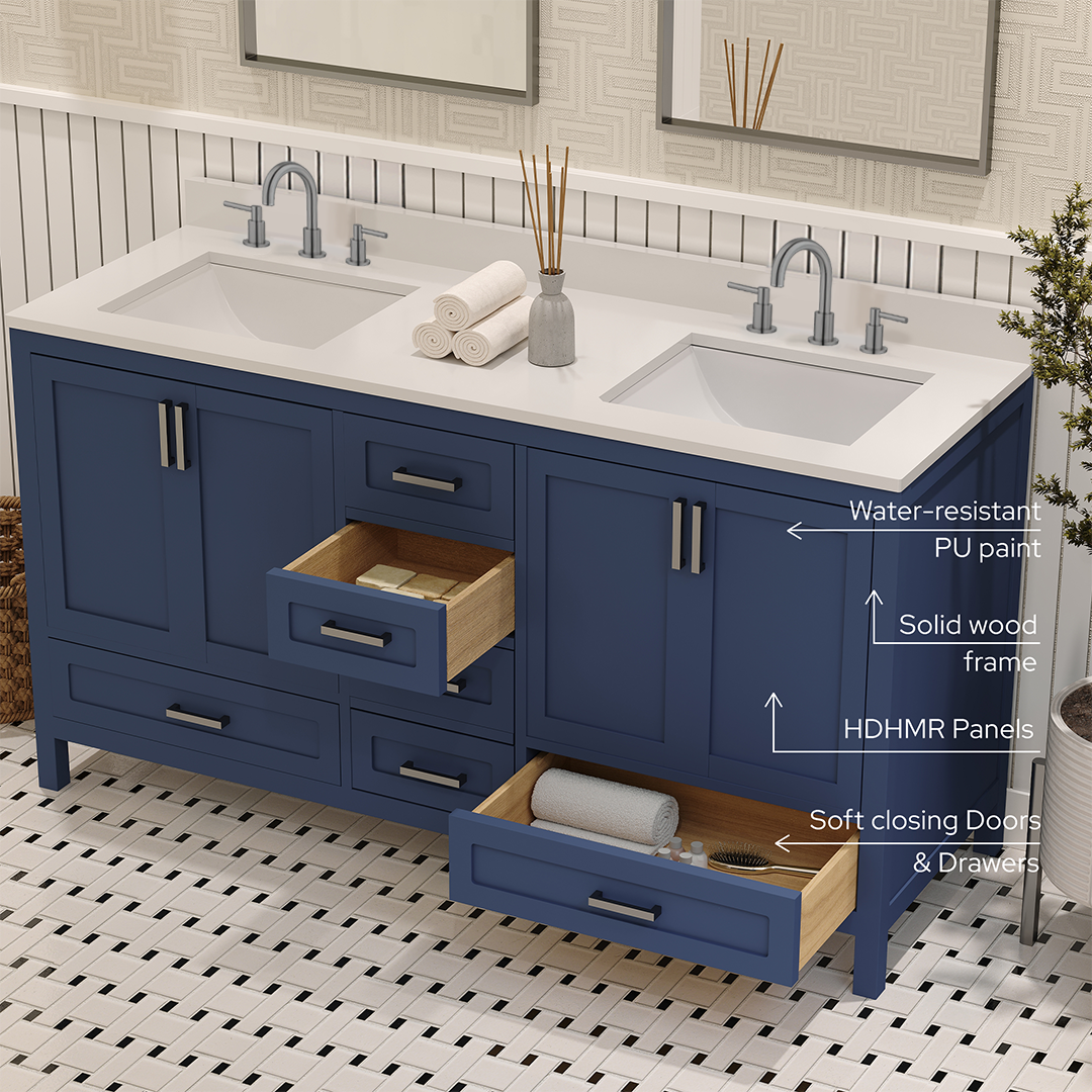 Rooh 60 Inch Solid Wood Bathroom Vanity with Undermount double Rectangle sinks & White Quartz countertop 0.75 inch edge in white