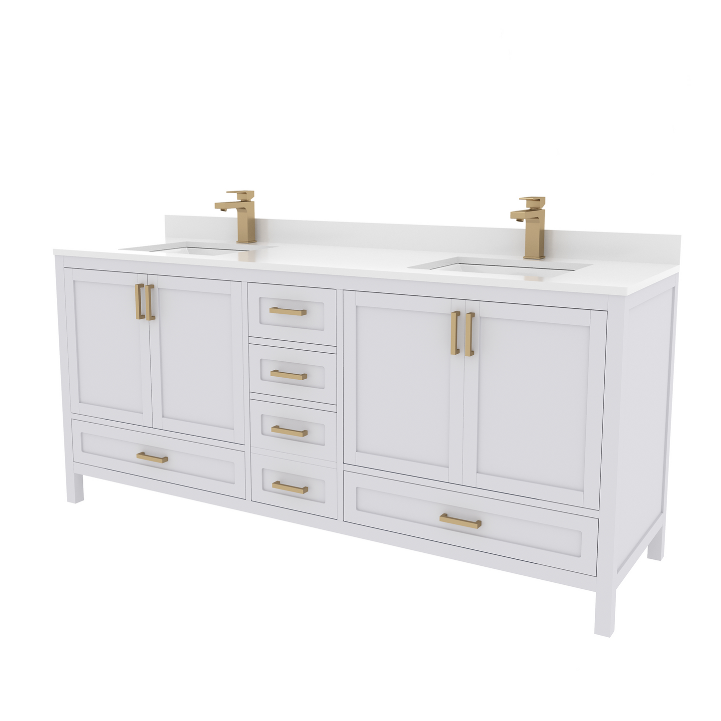 Rooh 72 Inch Solid Wood Bathroom Vanity with Undermount double Rectangle sinks & White Quartz countertop 0.75 inch edge in white