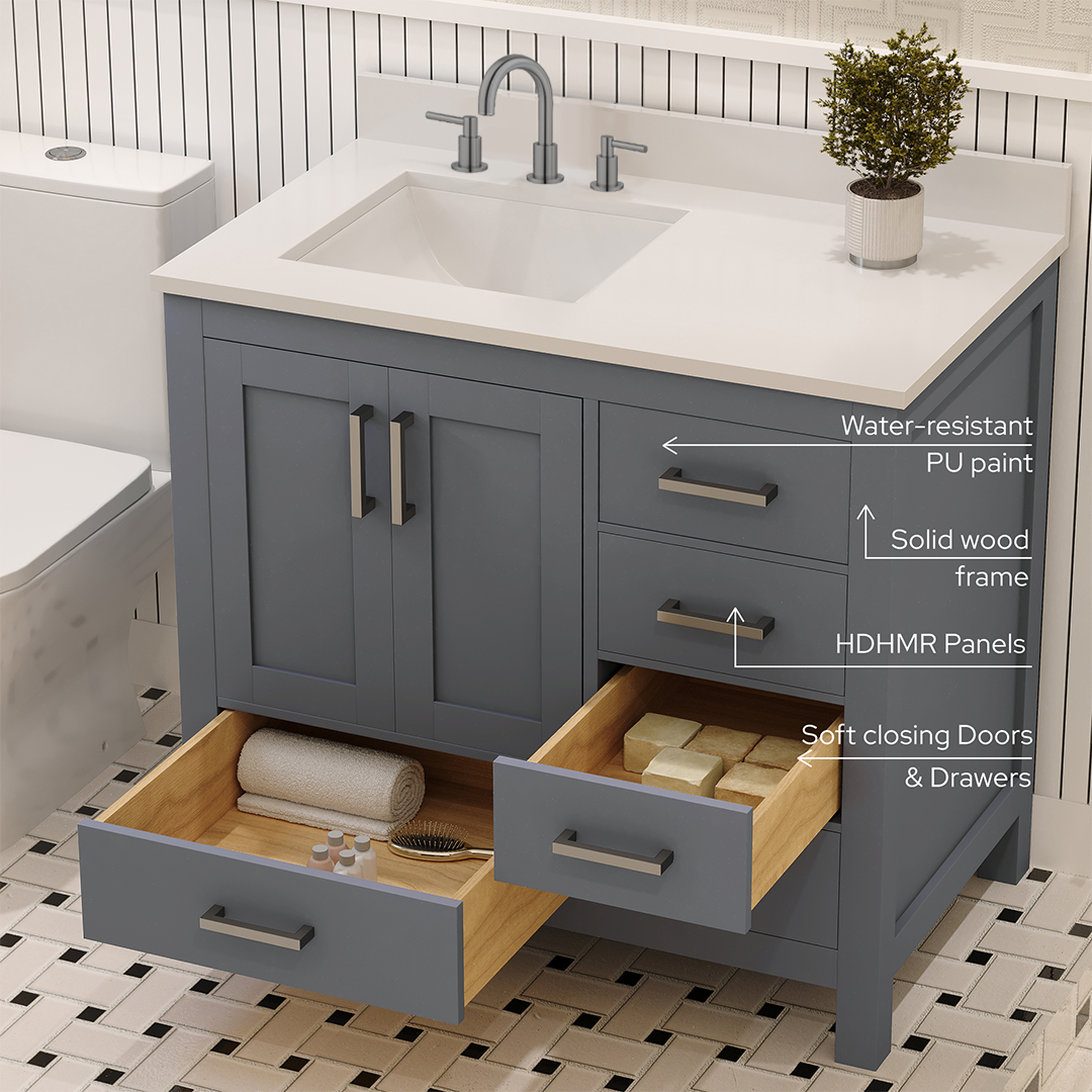 Rooh 36 Inch Left Solid Wood Single Bathroom Vanity with Undermount single Rectangle sink & White Quartz countertop 0.75 inch edge in white