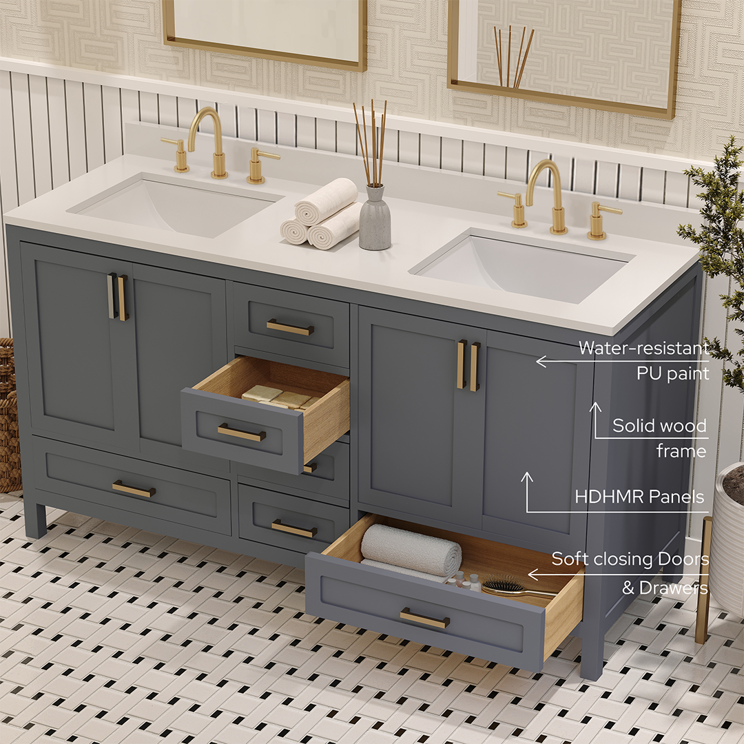 Rooh 60 Inch Solid Wood Bathroom Vanity with Undermount double Rectangle sinks & White Quartz countertop 0.75 inch edge in white