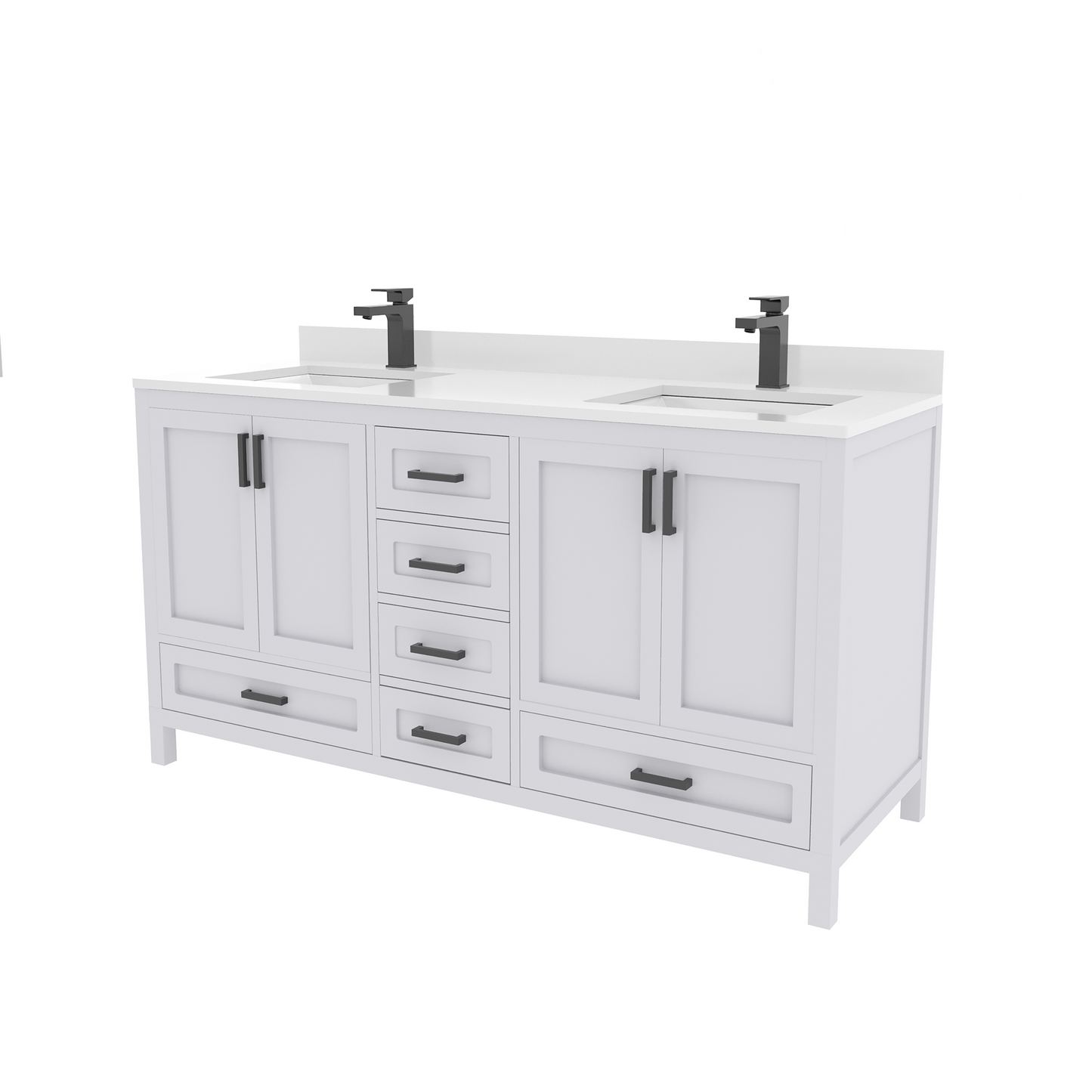 Rooh 60 Inch Solid Wood Bathroom Vanity with Undermount double Rectangle sinks & White Quartz countertop 0.75 inch edge in white