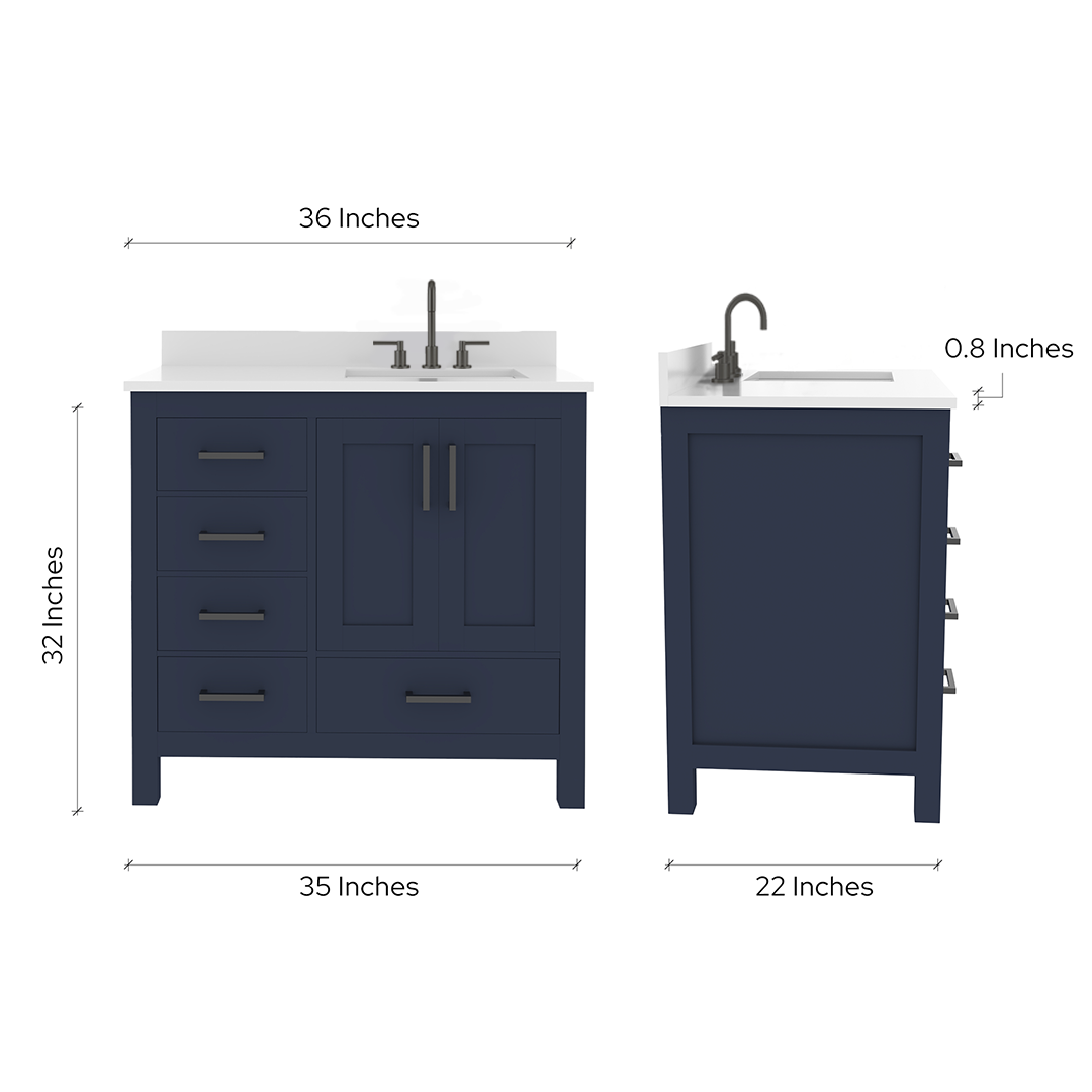 Rooh 36 Inch Right Solid Wood Single Bathroom Vanity with Undermount single Rectangle sink & White Quartz countertop 0.75 inch edge in white