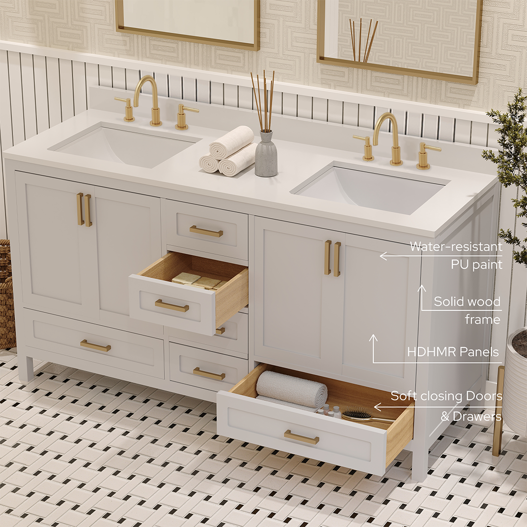 Rooh 60 Inch Solid Wood Bathroom Vanity with Undermount double Rectangle sinks & White Quartz countertop 0.75 inch edge in white