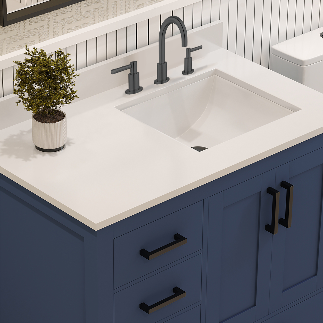 Rooh 36 Inch Left Solid Wood Single Bathroom Vanity with Undermount single Rectangle sink & White Quartz countertop 0.75 inch edge in white