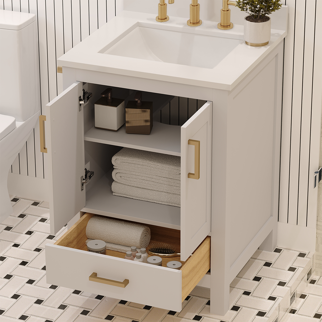 Rooh 24 Inch Solid Wood Bathroom Vanity with Undermount single Rectangle sink & White Quartz countertop 0.75 inch edge in white