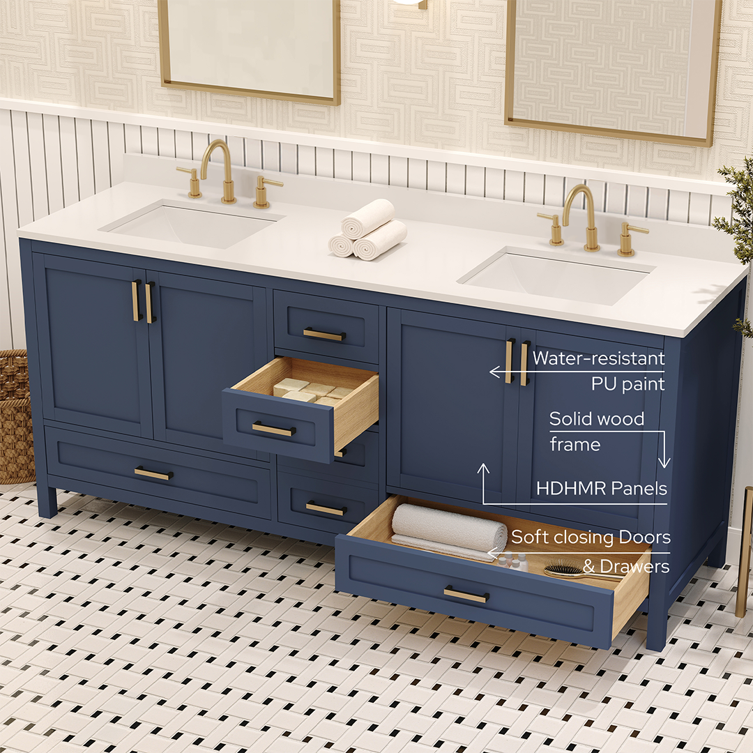 Rooh 72 Inch Solid Wood Bathroom Vanity with Undermount double Rectangle sinks & White Quartz countertop 0.75 inch edge in white