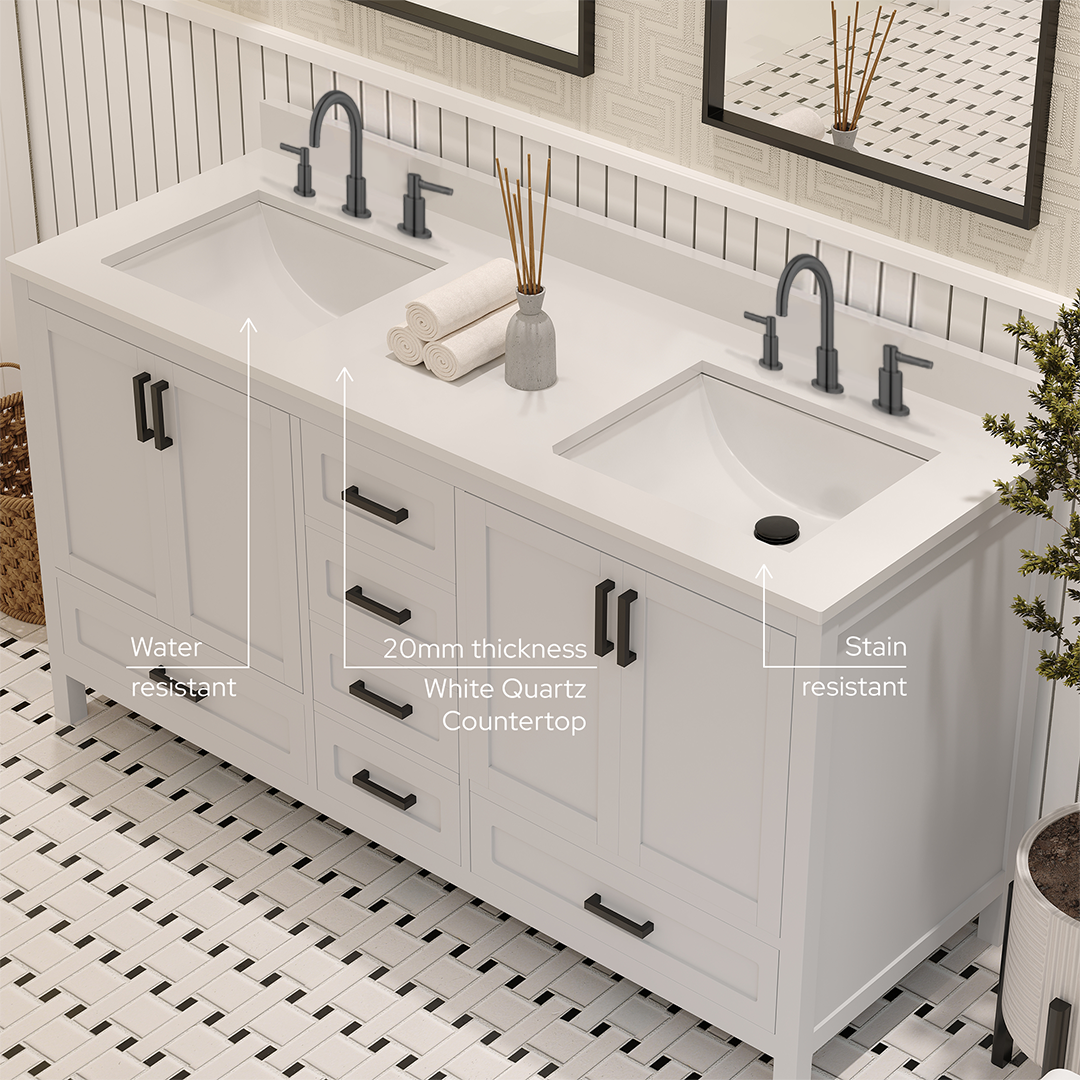 Rooh 60 Inch Solid Wood Bathroom Vanity with Undermount double Rectangle sinks & White Quartz countertop 0.75 inch edge in white