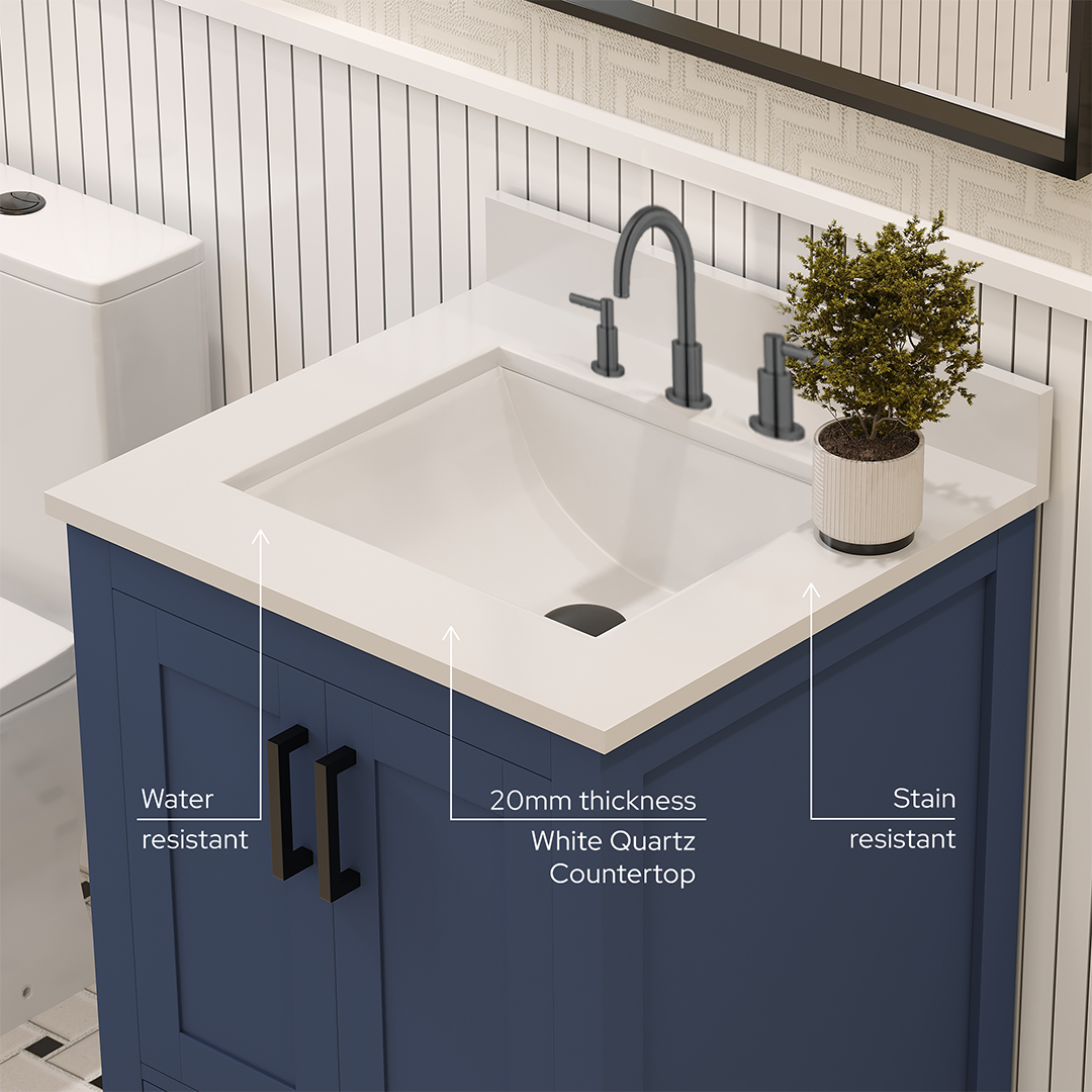 Rooh 24 Inch Solid Wood Bathroom Vanity with Undermount single Rectangle sink & White Quartz countertop 0.75 inch edge in white
