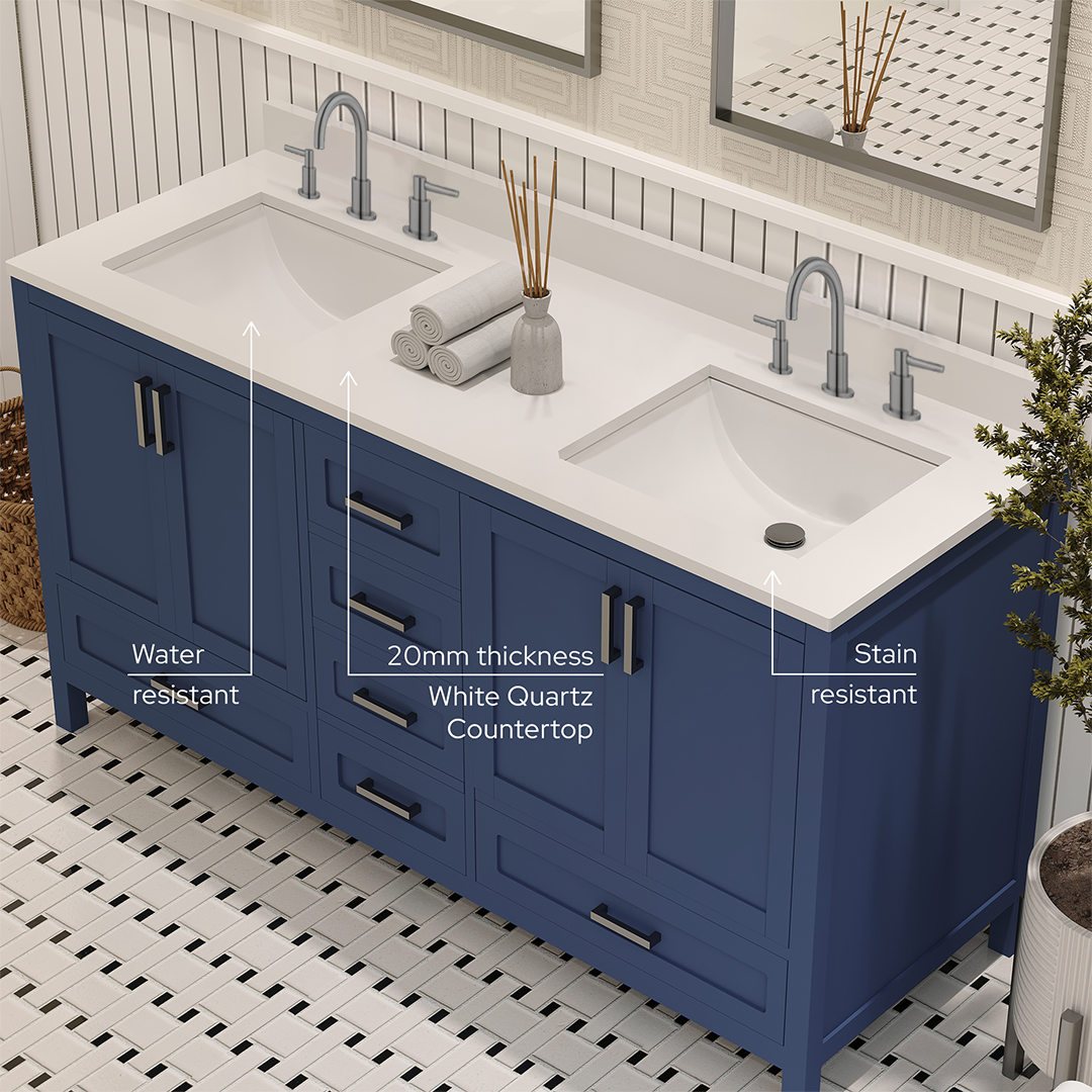 Rooh 60 Inch Solid Wood Bathroom Vanity with Undermount double Rectangle sinks & White Quartz countertop 0.75 inch edge in white