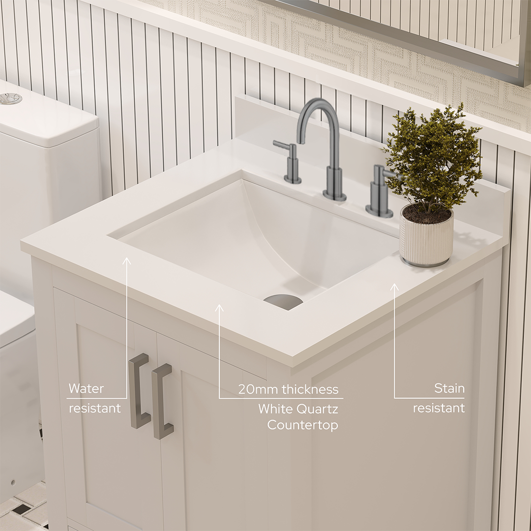 Rooh 24 Inch Solid Wood Bathroom Vanity with Undermount single Rectangle sink & White Quartz countertop 0.75 inch edge in white