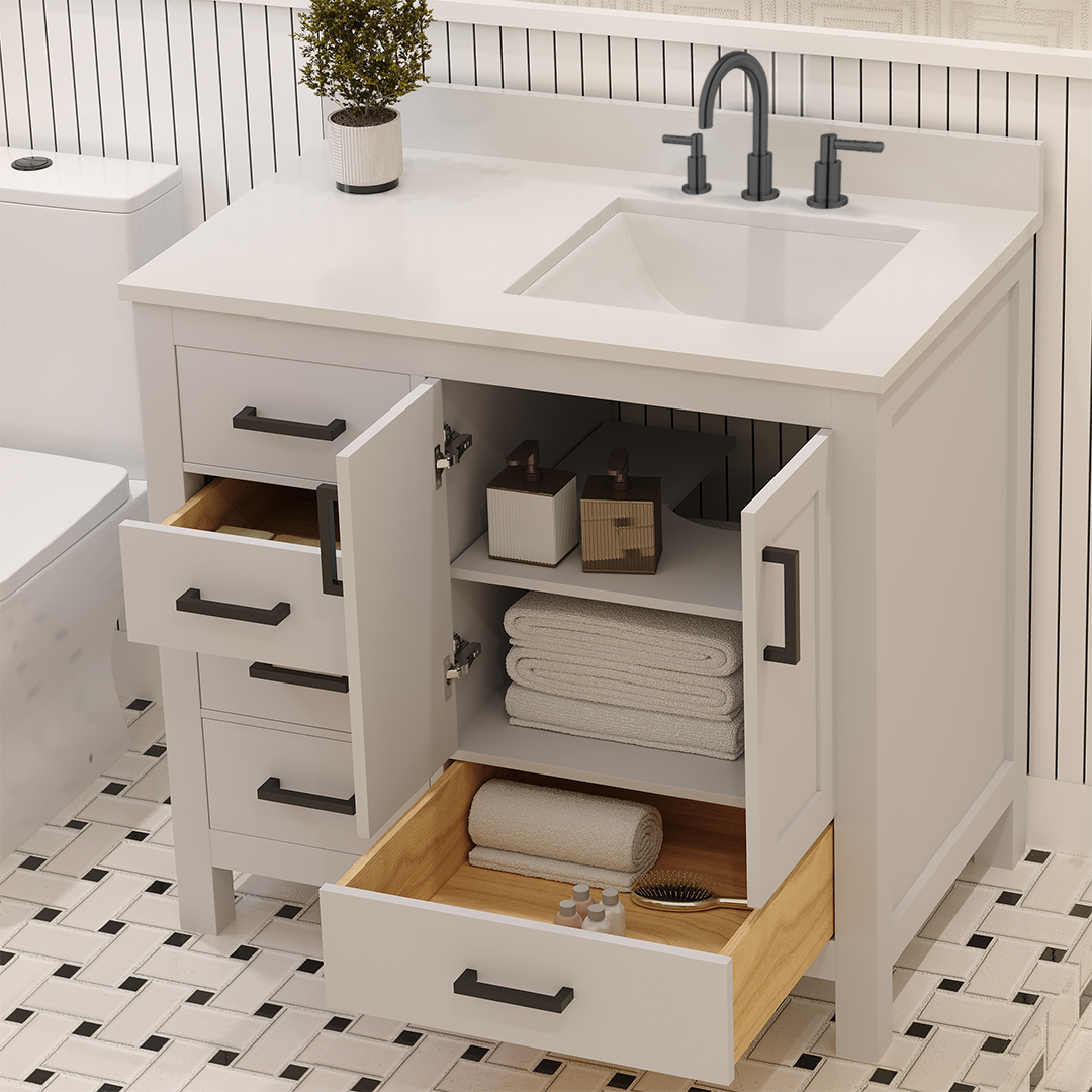 Rooh 36 Inch Right Solid Wood Single Bathroom Vanity with Undermount single Rectangle sink & White Quartz countertop 0.75 inch edge in white