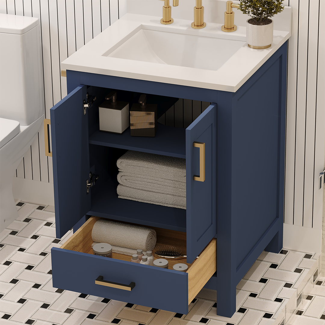 Rooh 24 Inch Solid Wood Bathroom Vanity with Undermount single Rectangle sink & White Quartz countertop 0.75 inch edge in white