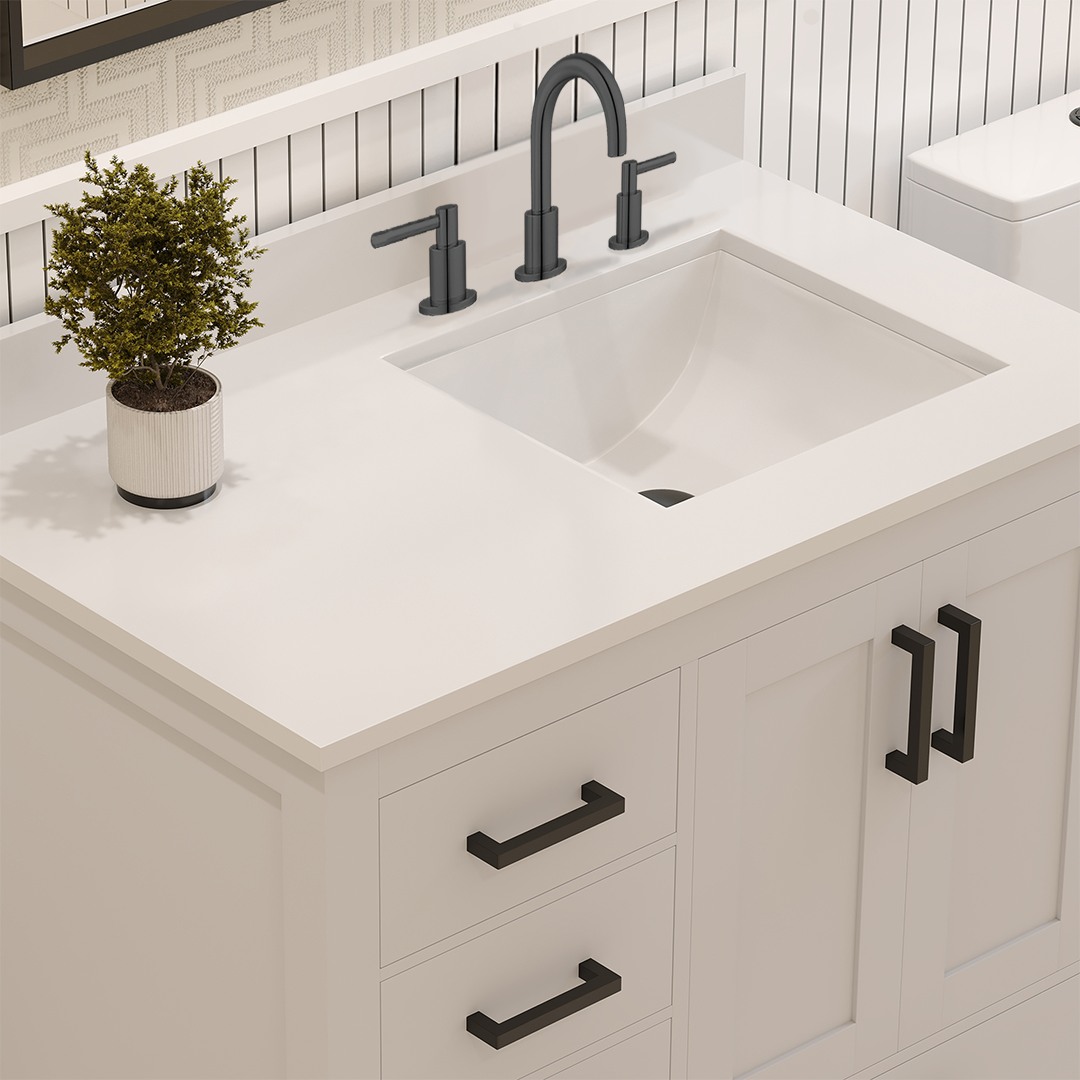 Rooh 36 Inch Left Solid Wood Single Bathroom Vanity with Undermount single Rectangle sink & White Quartz countertop 0.75 inch edge in white