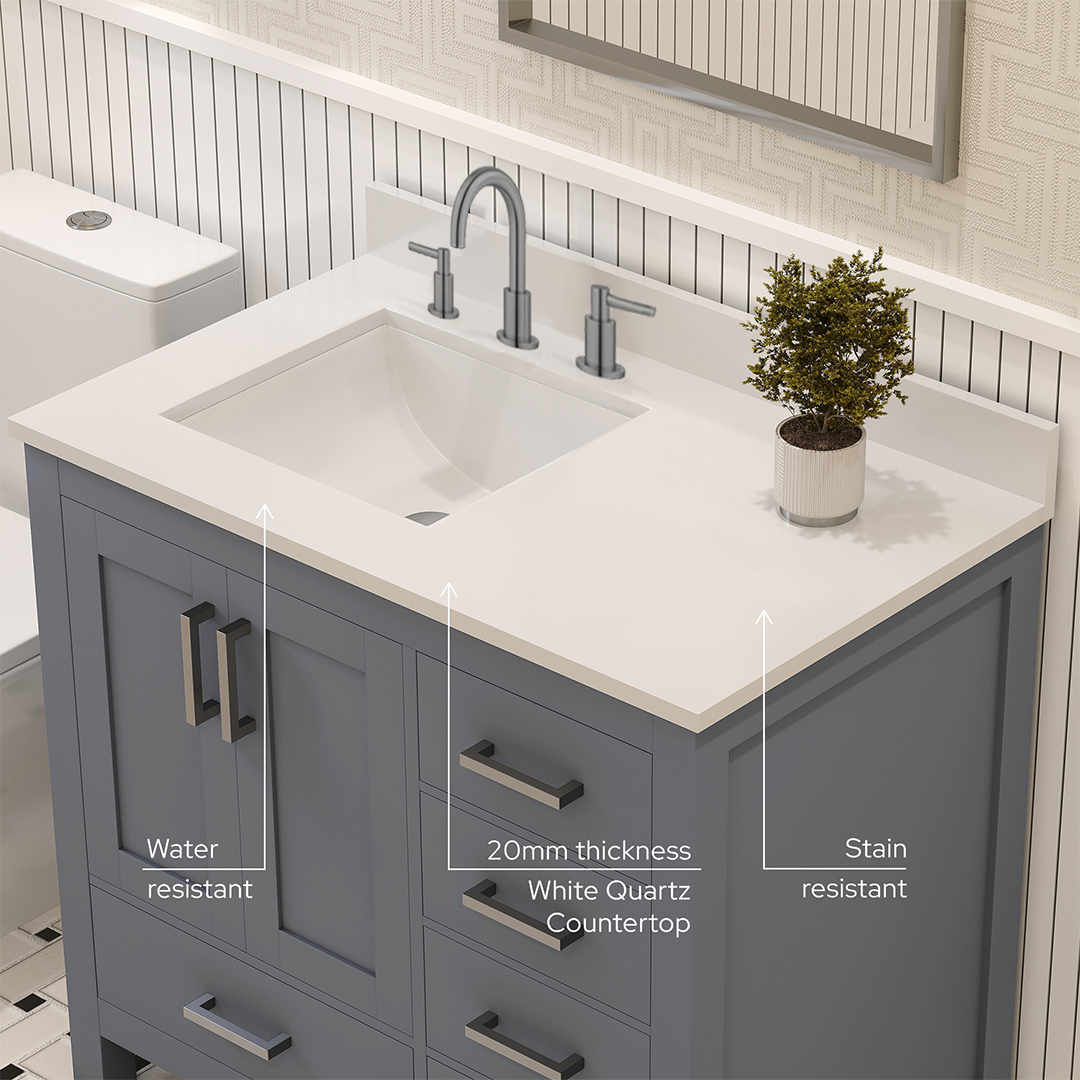 Rooh 36 Inch Left Solid Wood Single Bathroom Vanity with Undermount single Rectangle sink & White Quartz countertop 0.75 inch edge in white