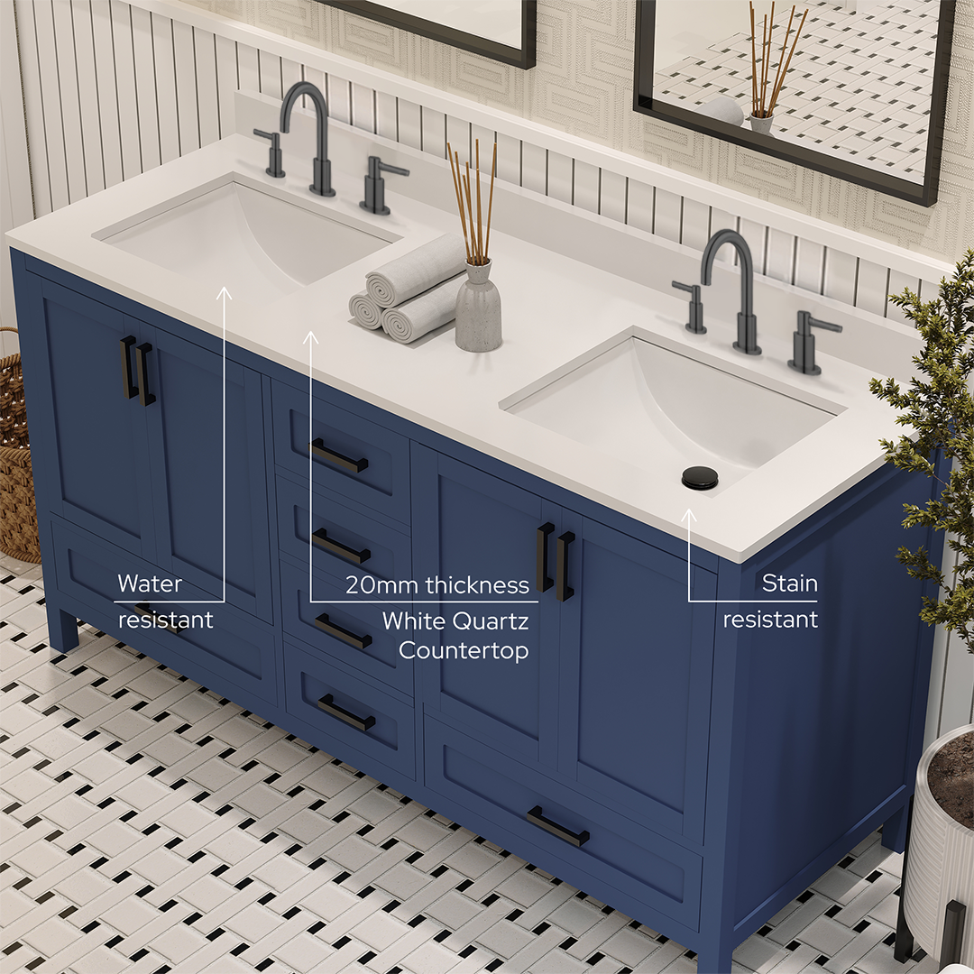 Rooh 60 Inch Solid Wood Bathroom Vanity with Undermount double Rectangle sinks & White Quartz countertop 0.75 inch edge in white