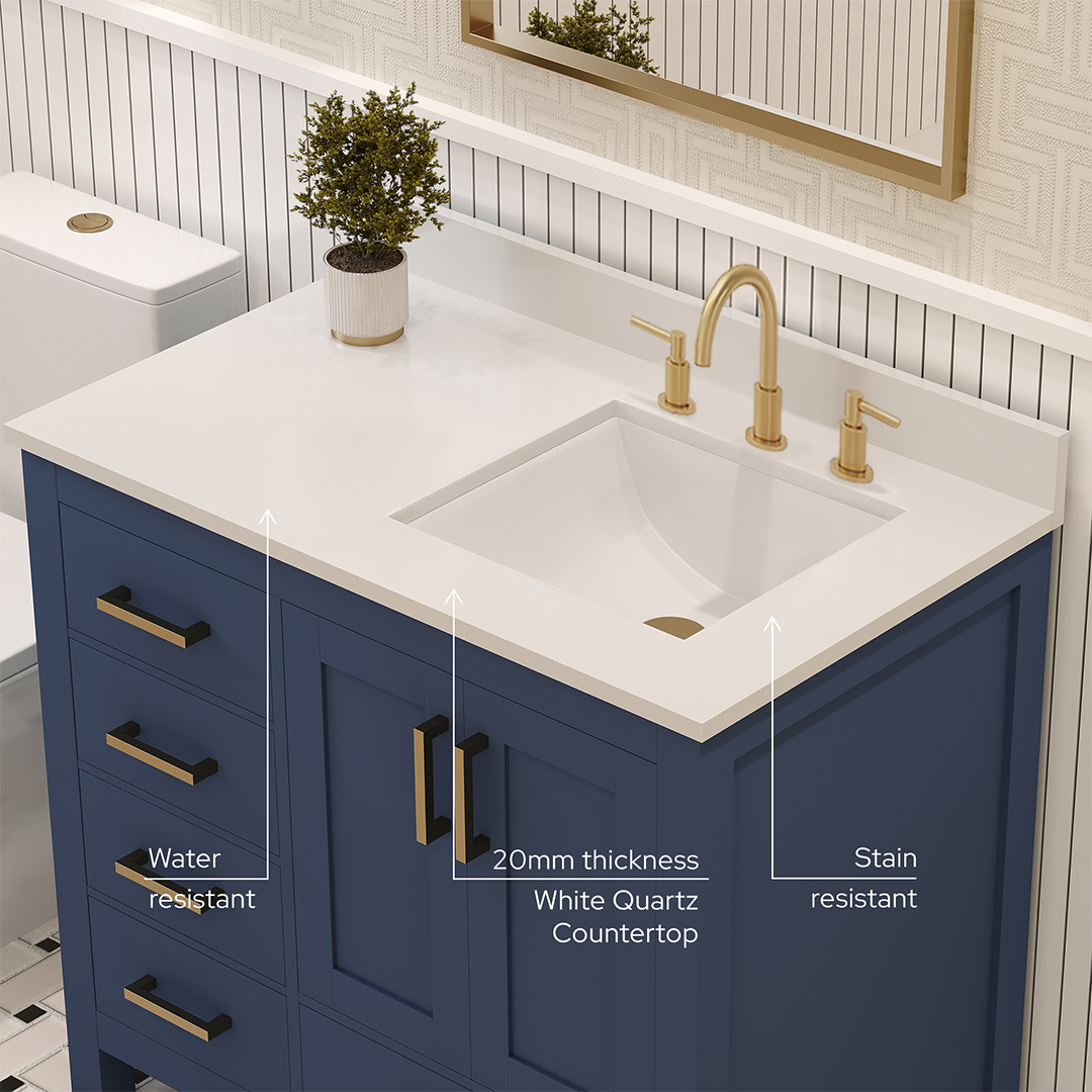Rooh 36 Inch Right Solid Wood Single Bathroom Vanity with Undermount single Rectangle sink & White Quartz countertop 0.75 inch edge in white