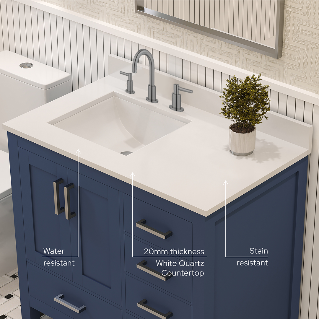 Rooh 36 Inch Left Solid Wood Single Bathroom Vanity with Undermount single Rectangle sink & White Quartz countertop 0.75 inch edge in white