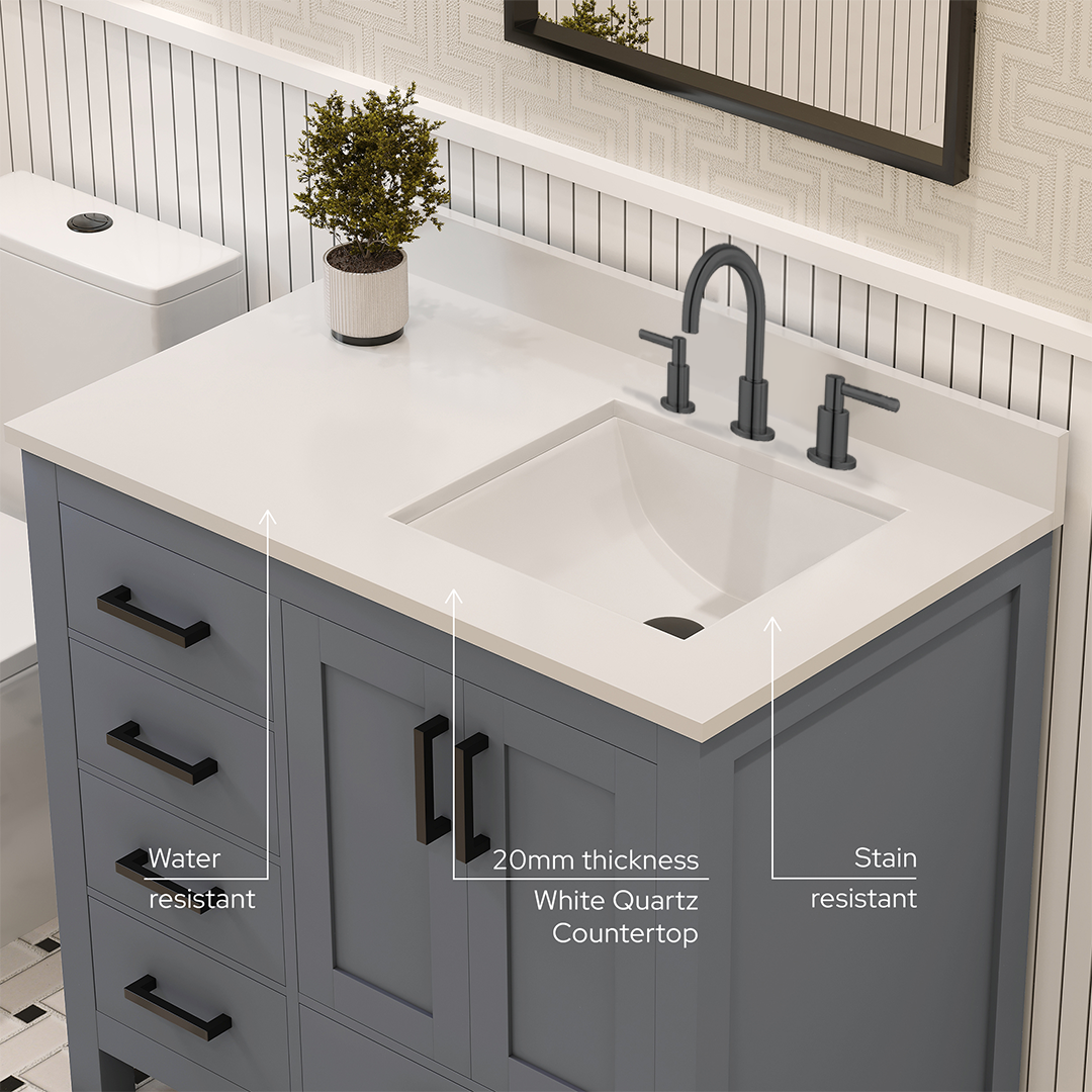 Rooh 36 Inch Right Solid Wood Single Bathroom Vanity with Undermount single Rectangle sink & White Quartz countertop 0.75 inch edge in white