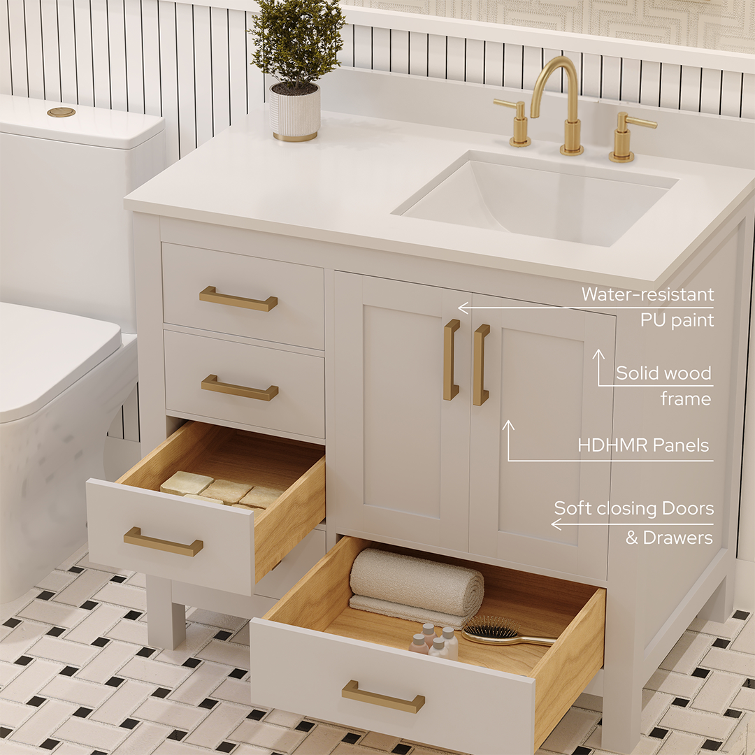 Rooh 36 Inch Right Solid Wood Single Bathroom Vanity with Undermount single Rectangle sink & White Quartz countertop 0.75 inch edge in white
