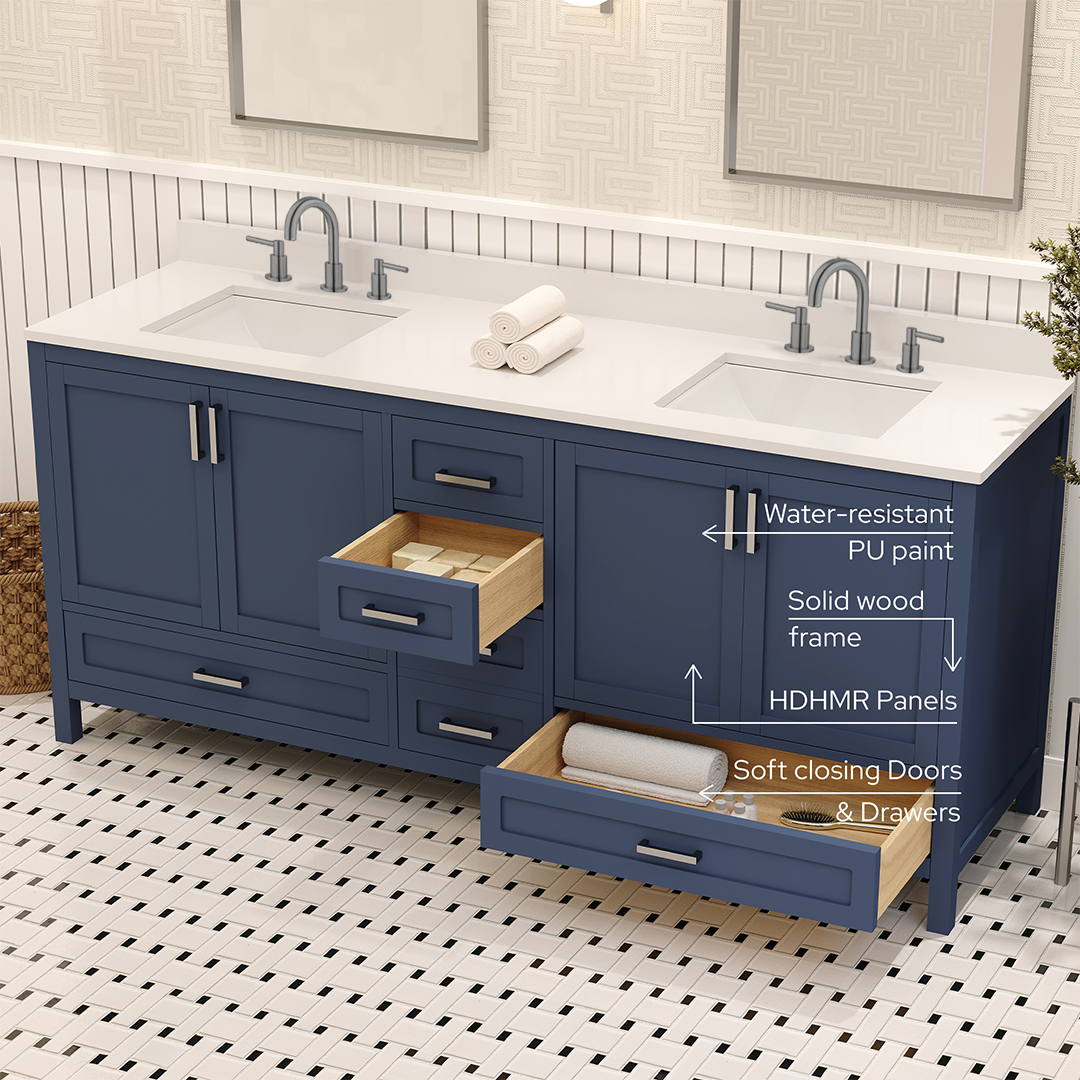 Rooh 72 Inch Solid Wood Bathroom Vanity with Undermount double Rectangle sinks & White Quartz countertop 0.75 inch edge in white