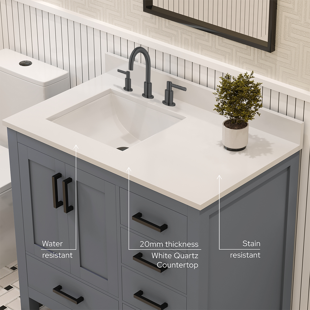 Rooh 36 Inch Left Solid Wood Single Bathroom Vanity with Undermount single Rectangle sink & White Quartz countertop 0.75 inch edge in white