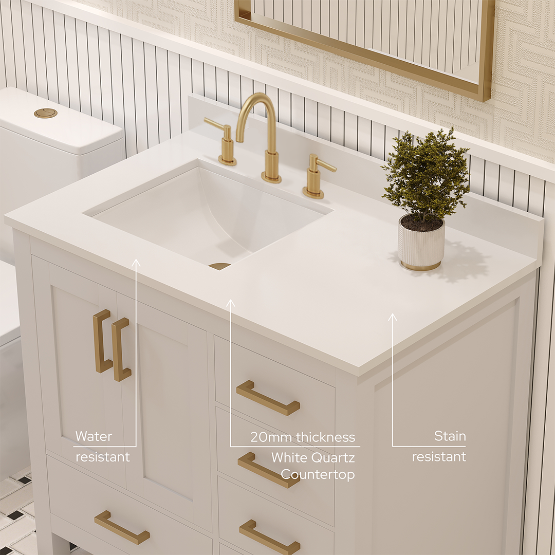 Rooh 36 Inch Left Solid Wood Single Bathroom Vanity with Undermount single Rectangle sink & White Quartz countertop 0.75 inch edge in white