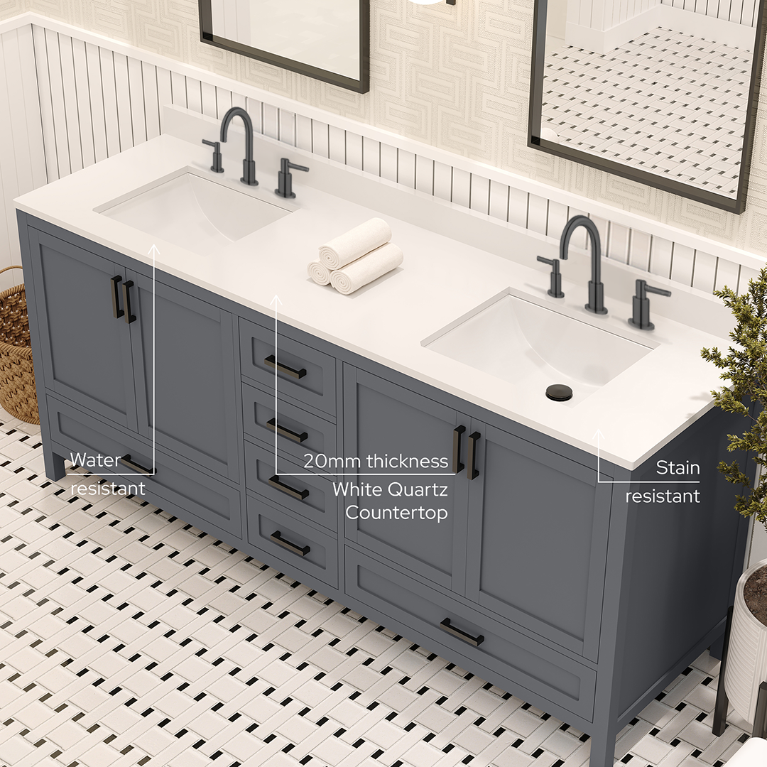 Rooh 72 Inch Solid Wood Bathroom Vanity with Undermount double Rectangle sinks & White Quartz countertop 0.75 inch edge in white