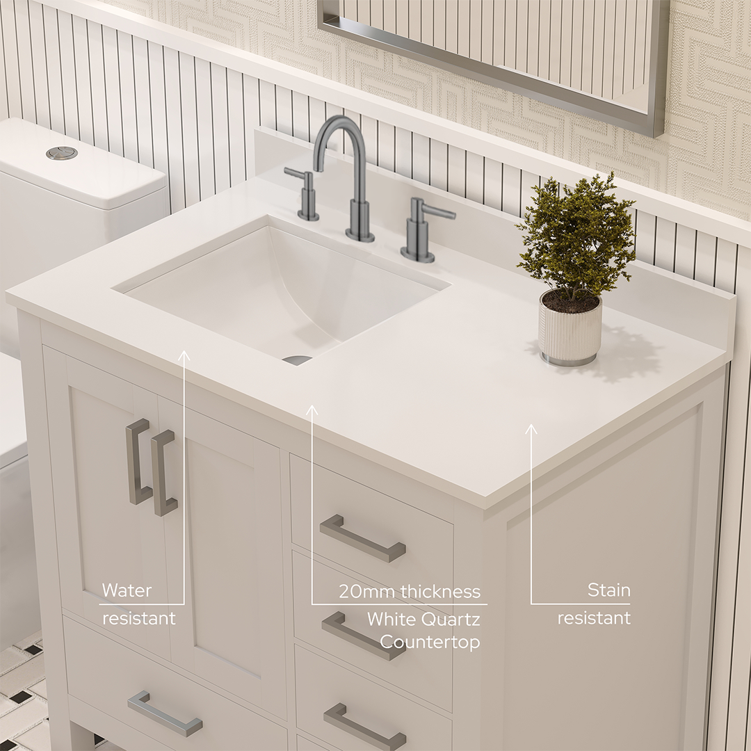 Rooh 36 Inch Left Solid Wood Single Bathroom Vanity with Undermount single Rectangle sink & White Quartz countertop 0.75 inch edge in white
