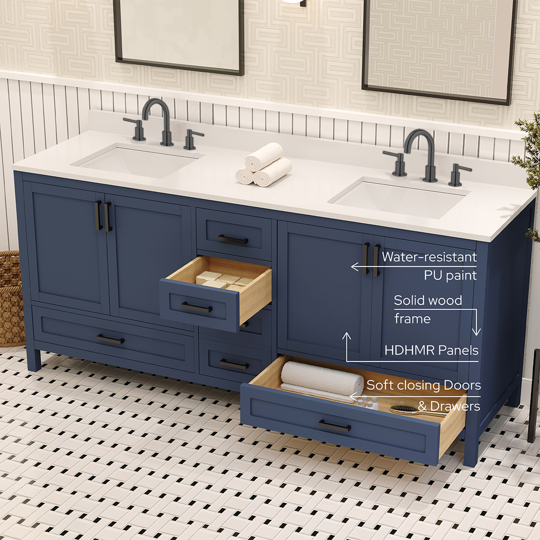 Rooh 72 Inch Solid Wood Bathroom Vanity with Undermount double Rectangle sinks & White Quartz countertop 0.75 inch edge in white