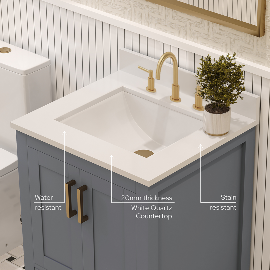 Rooh 24 Inch Solid Wood Bathroom Vanity with Undermount single Rectangle sink & White Quartz countertop 0.75 inch edge in white