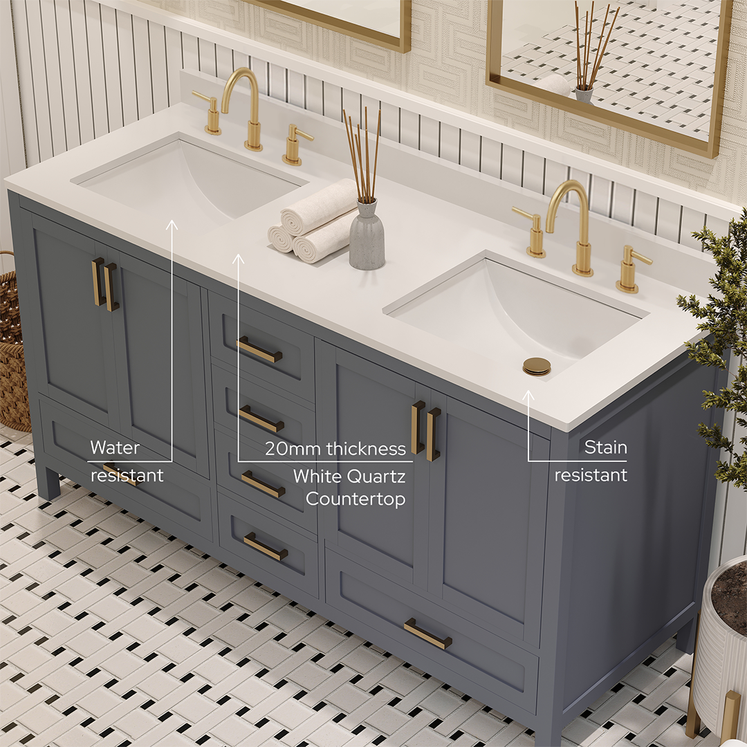 Rooh 60 Inch Solid Wood Bathroom Vanity with Undermount double Rectangle sinks & White Quartz countertop 0.75 inch edge in white