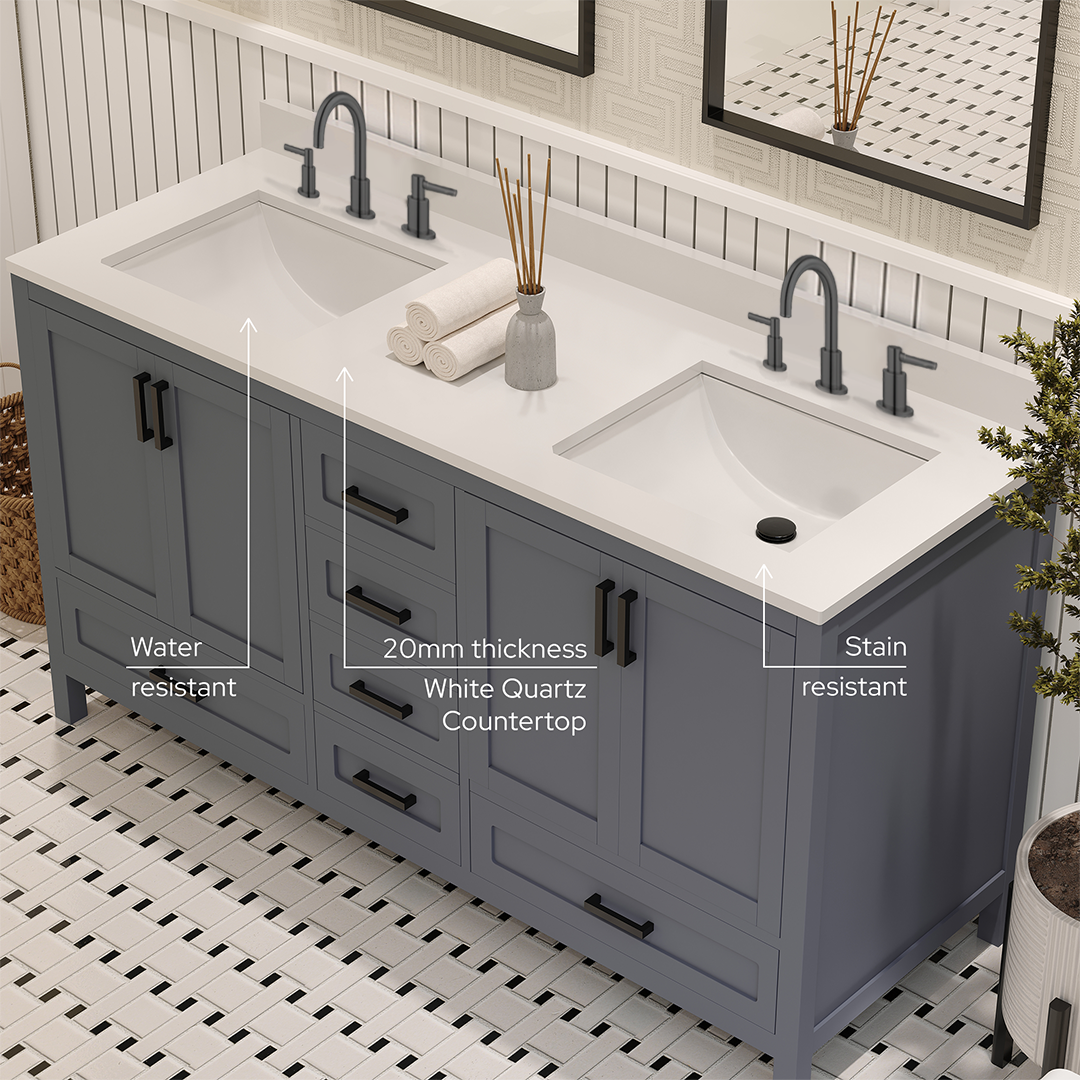 Rooh 60 Inch Solid Wood Bathroom Vanity with Undermount double Rectangle sinks & White Quartz countertop 0.75 inch edge in white