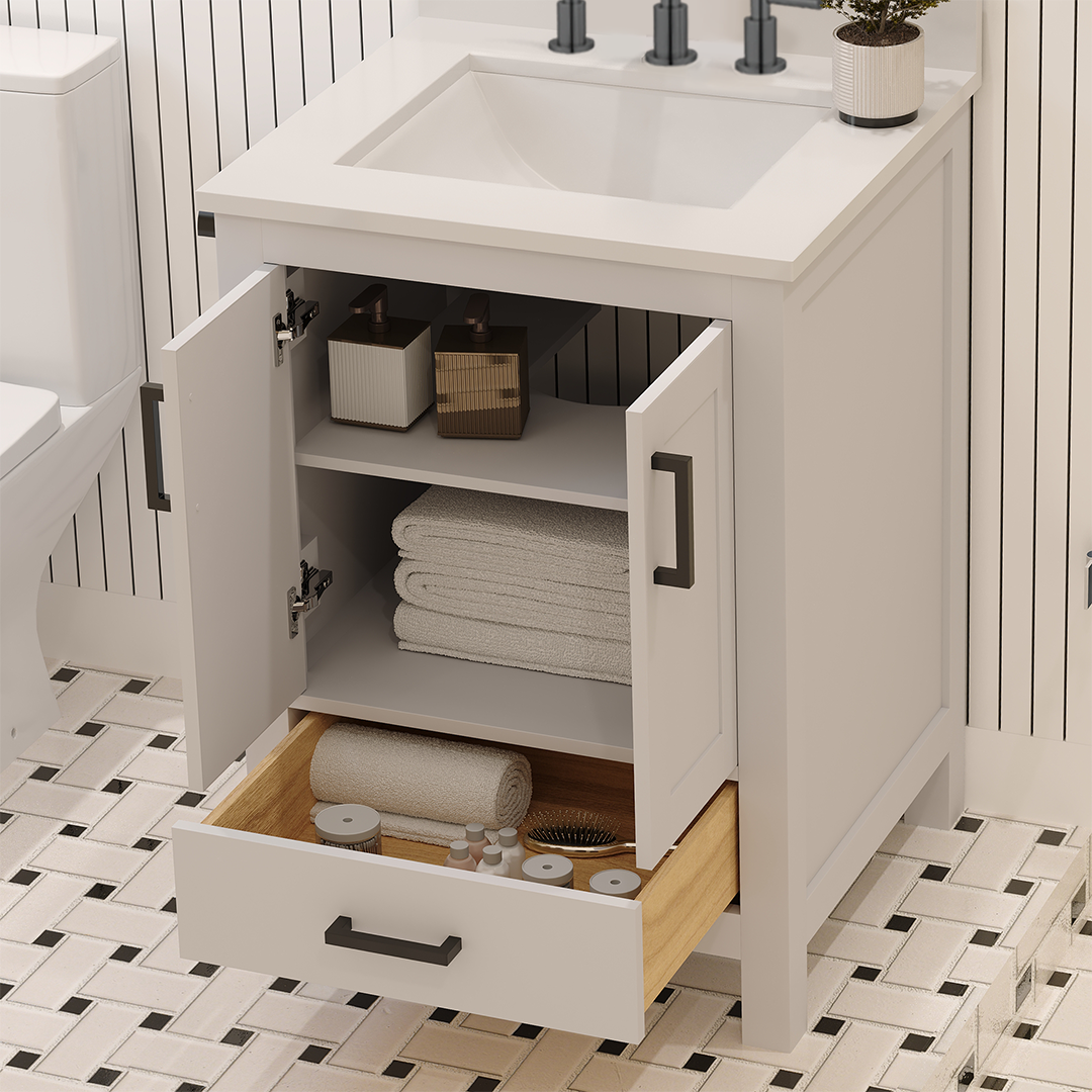 Rooh 24 Inch Solid Wood Bathroom Vanity with Undermount single Rectangle sink & White Quartz countertop 0.75 inch edge in white