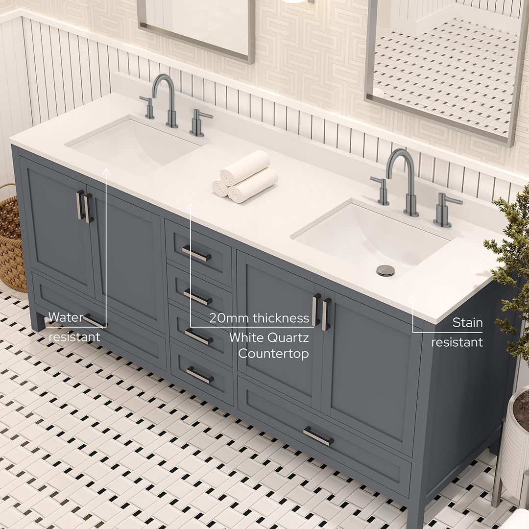 Rooh 72 Inch Solid Wood Bathroom Vanity with Undermount double Rectangle sinks & White Quartz countertop 0.75 inch edge in white