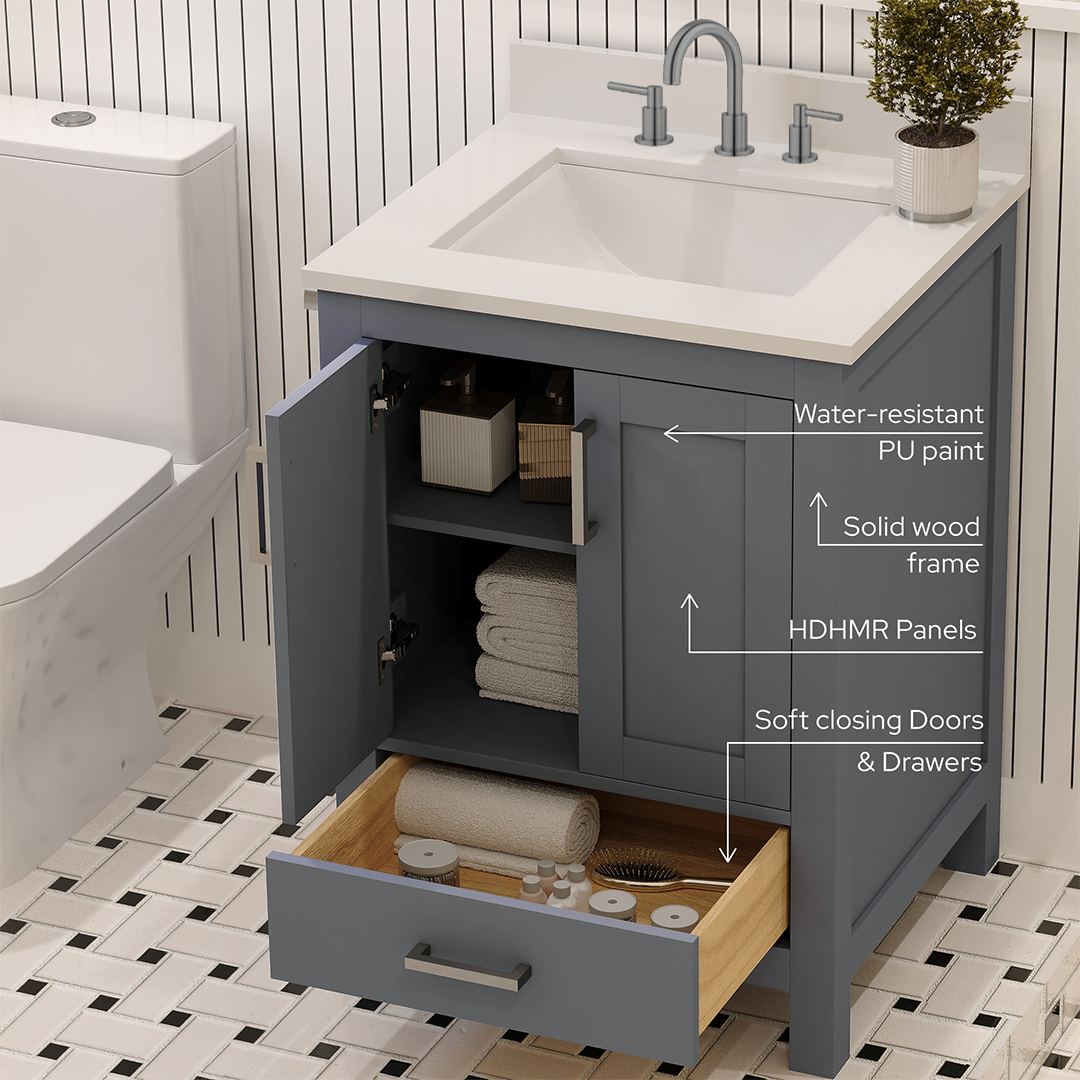 Rooh 24 Inch Solid Wood Bathroom Vanity with Undermount single Rectangle sink & White Quartz countertop 0.75 inch edge in white