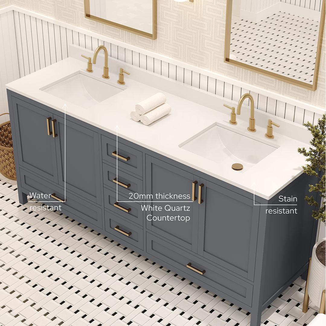 Rooh 72 Inch Solid Wood Bathroom Vanity with Undermount double Rectangle sinks & White Quartz countertop 0.75 inch edge in white