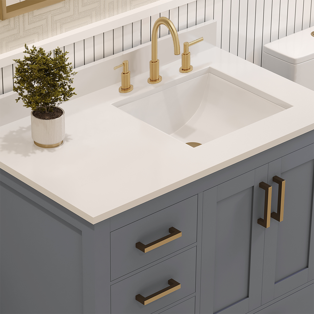 Rooh 36 Inch Left Solid Wood Single Bathroom Vanity with Undermount single Rectangle sink & White Quartz countertop 0.75 inch edge in white