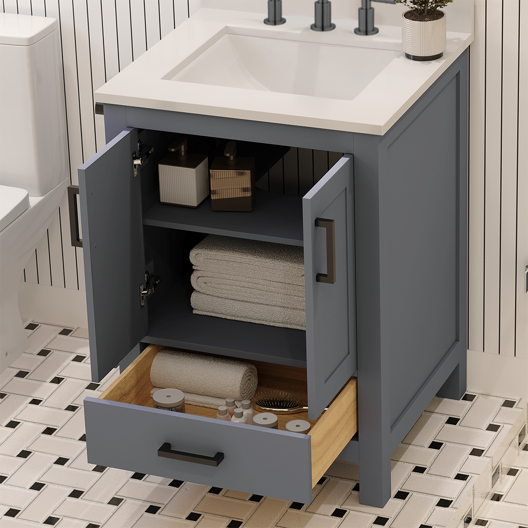 Rooh 24 Inch Solid Wood Bathroom Vanity with Undermount single Rectangle sink & White Quartz countertop 0.75 inch edge in white