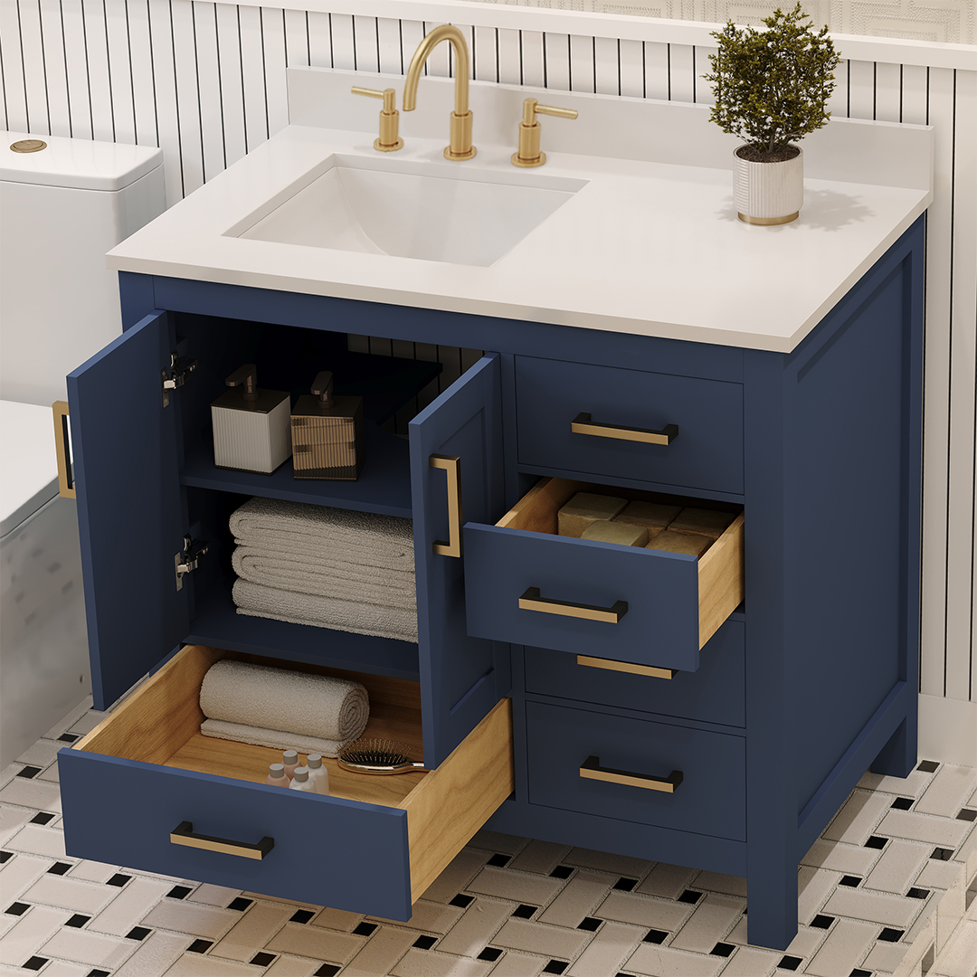 Rooh 36 Inch Left Solid Wood Single Bathroom Vanity with Undermount single Rectangle sink & White Quartz countertop 0.75 inch edge in white