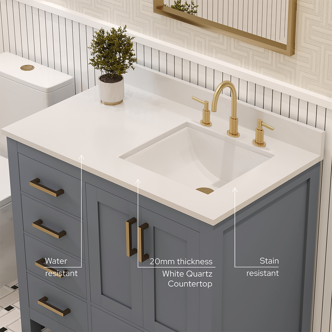 Rooh 36 Inch Right Solid Wood Single Bathroom Vanity with Undermount single Rectangle sink & White Quartz countertop 0.75 inch edge in white