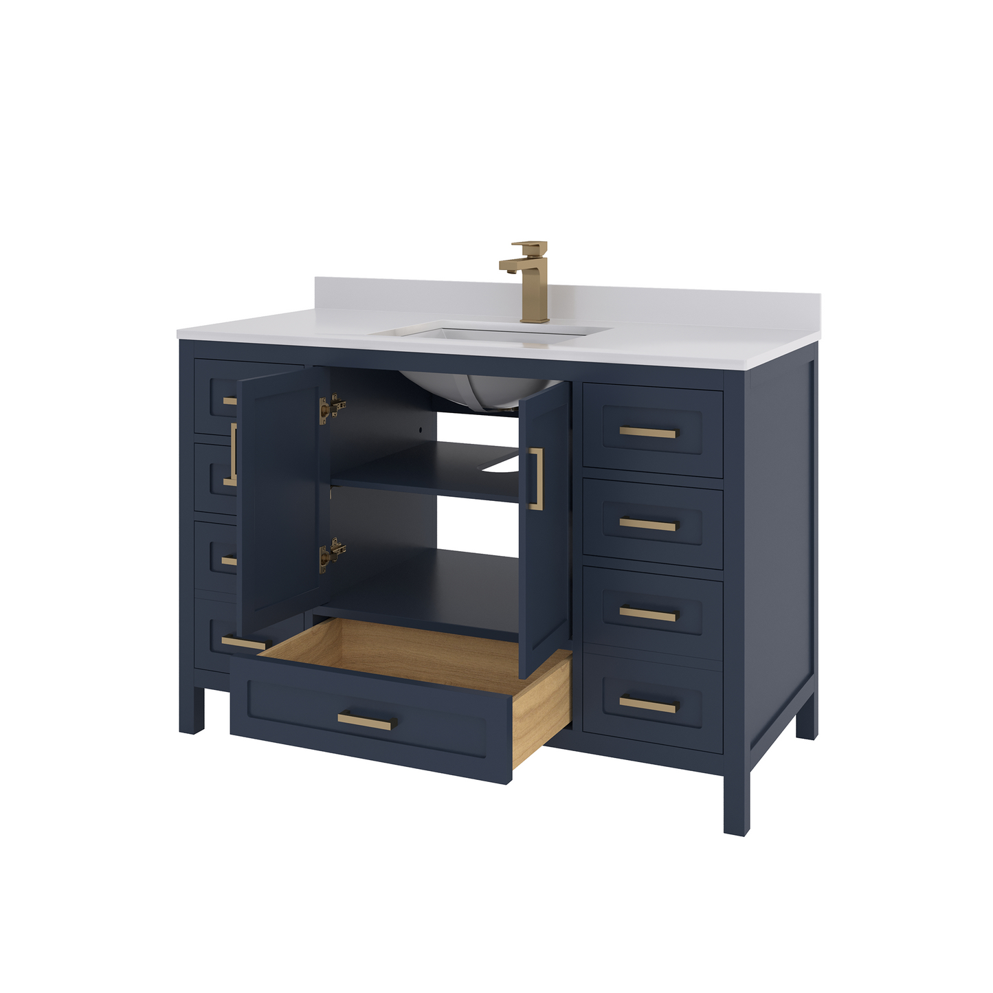 Rooh 48 Inch Solid Wood Bathroom Vanity with Undermount single Rectangle sink & White Quartz countertop 0.75 inch edge in white