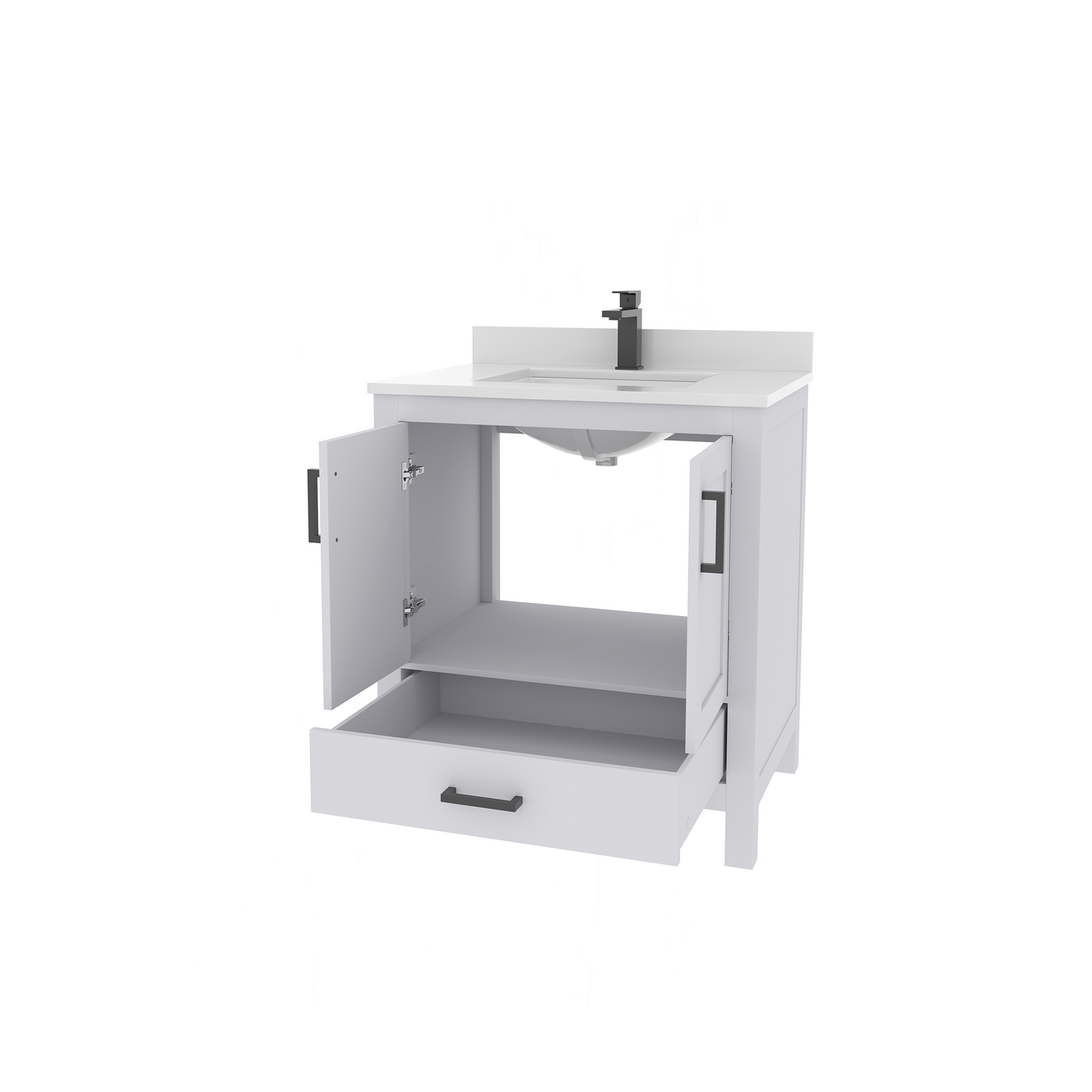 Rooh 30 Inch Solid Wood Bathroom Vanity with Undermount single Rectangle sink & White Quartz countertop 0.75 inch edge in white