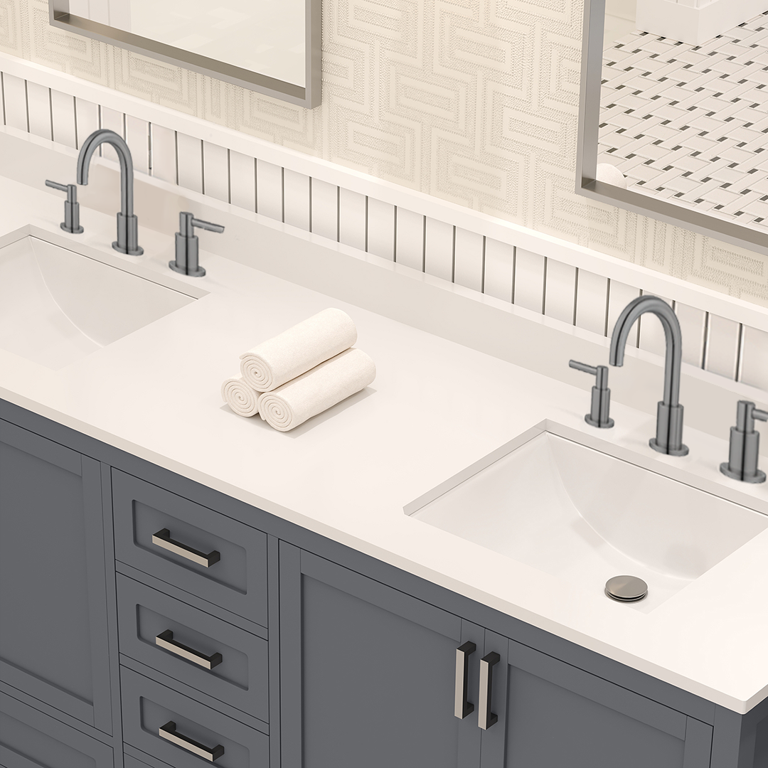 Rooh 72 Inch Solid Wood Bathroom Vanity with Undermount double Rectangle sinks & White Quartz countertop 0.75 inch edge in white