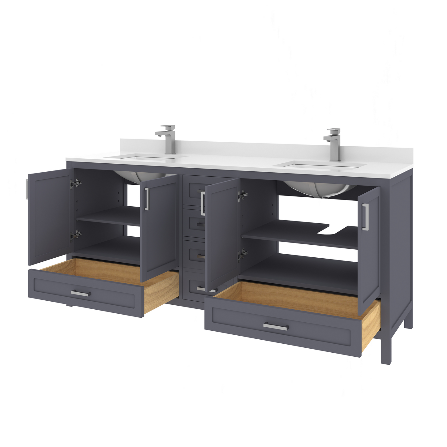 Rooh 72 Inch Solid Wood Bathroom Vanity with Undermount double Rectangle sinks & White Quartz countertop 0.75 inch edge in white