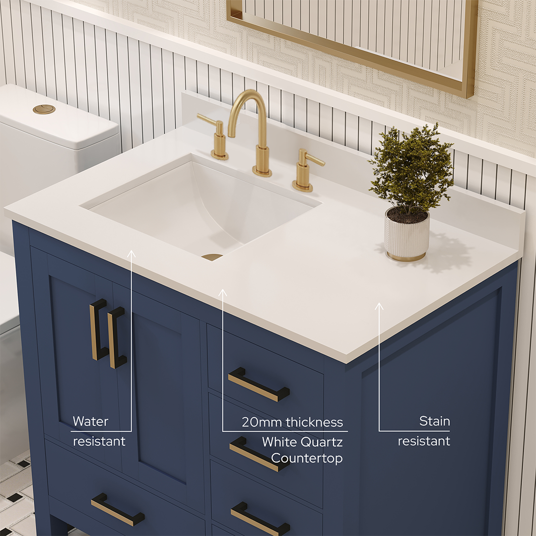 Rooh 36 Inch Left Solid Wood Single Bathroom Vanity with Undermount single Rectangle sink & White Quartz countertop 0.75 inch edge in white