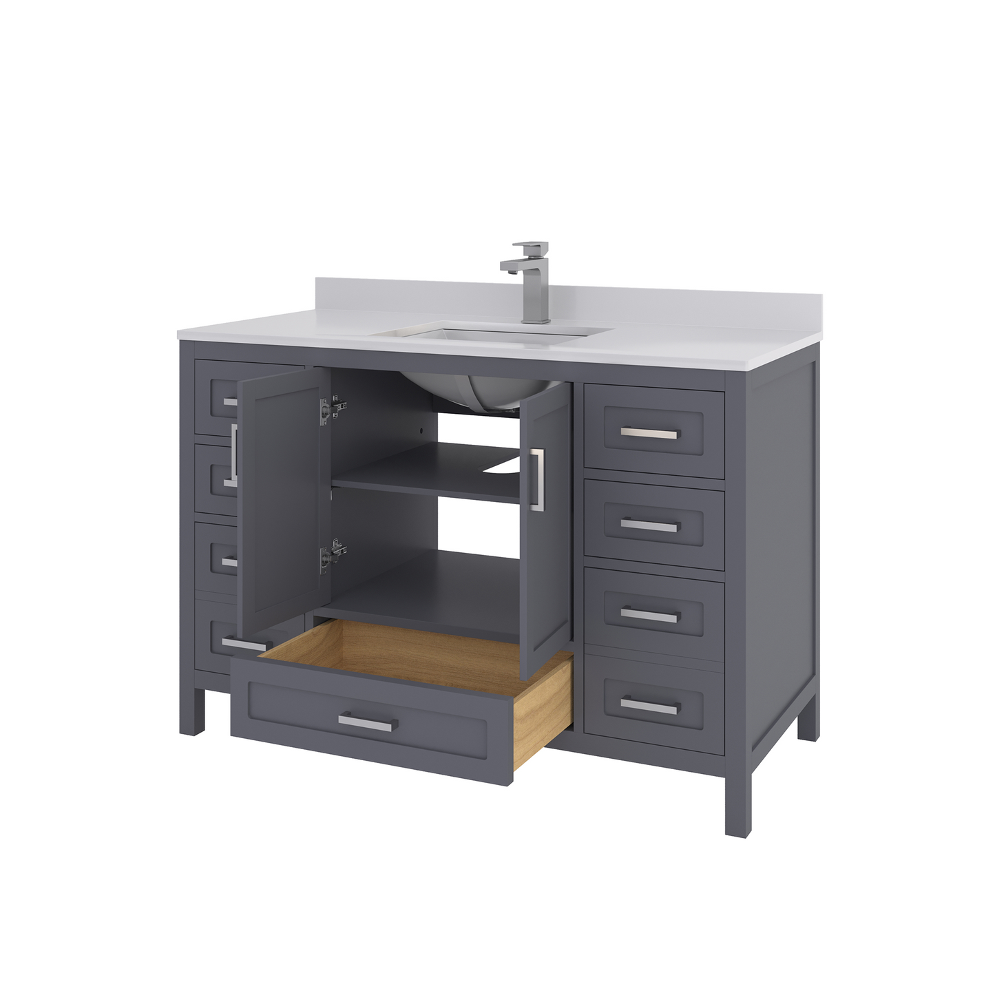 Rooh 48 Inch Solid Wood Bathroom Vanity with Undermount single Rectangle sink & White Quartz countertop 0.75 inch edge in white