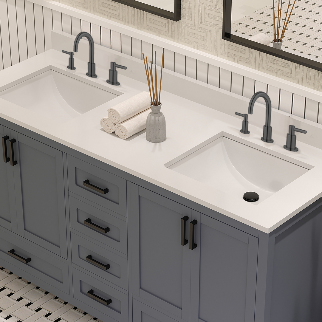 Rooh 60 Inch Solid Wood Bathroom Vanity with Undermount double Rectangle sinks & White Quartz countertop 0.75 inch edge in white