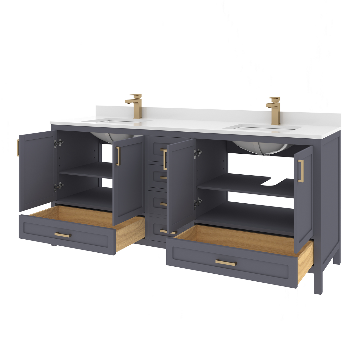 Rooh 72 Inch Solid Wood Bathroom Vanity with Undermount double Rectangle sinks & White Quartz countertop 0.75 inch edge in white